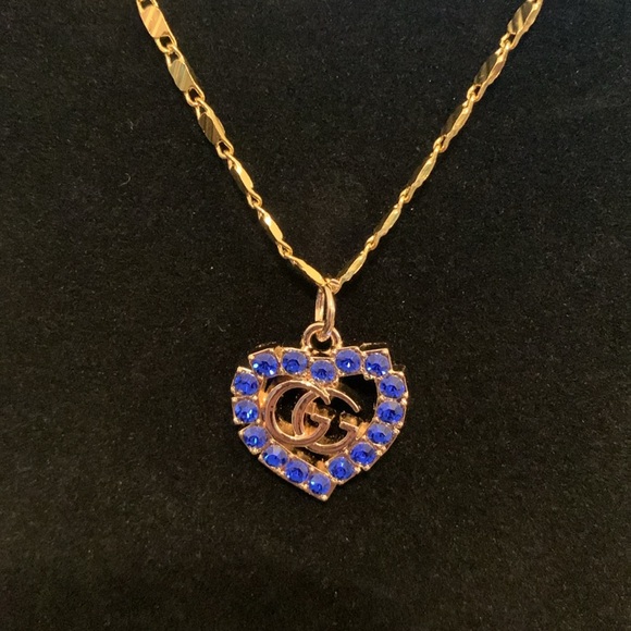 Gucci STAMPED Blue Rhinestone Charm Necklace on a 20” Unbranded Gold Chain - Picture 2 of 3